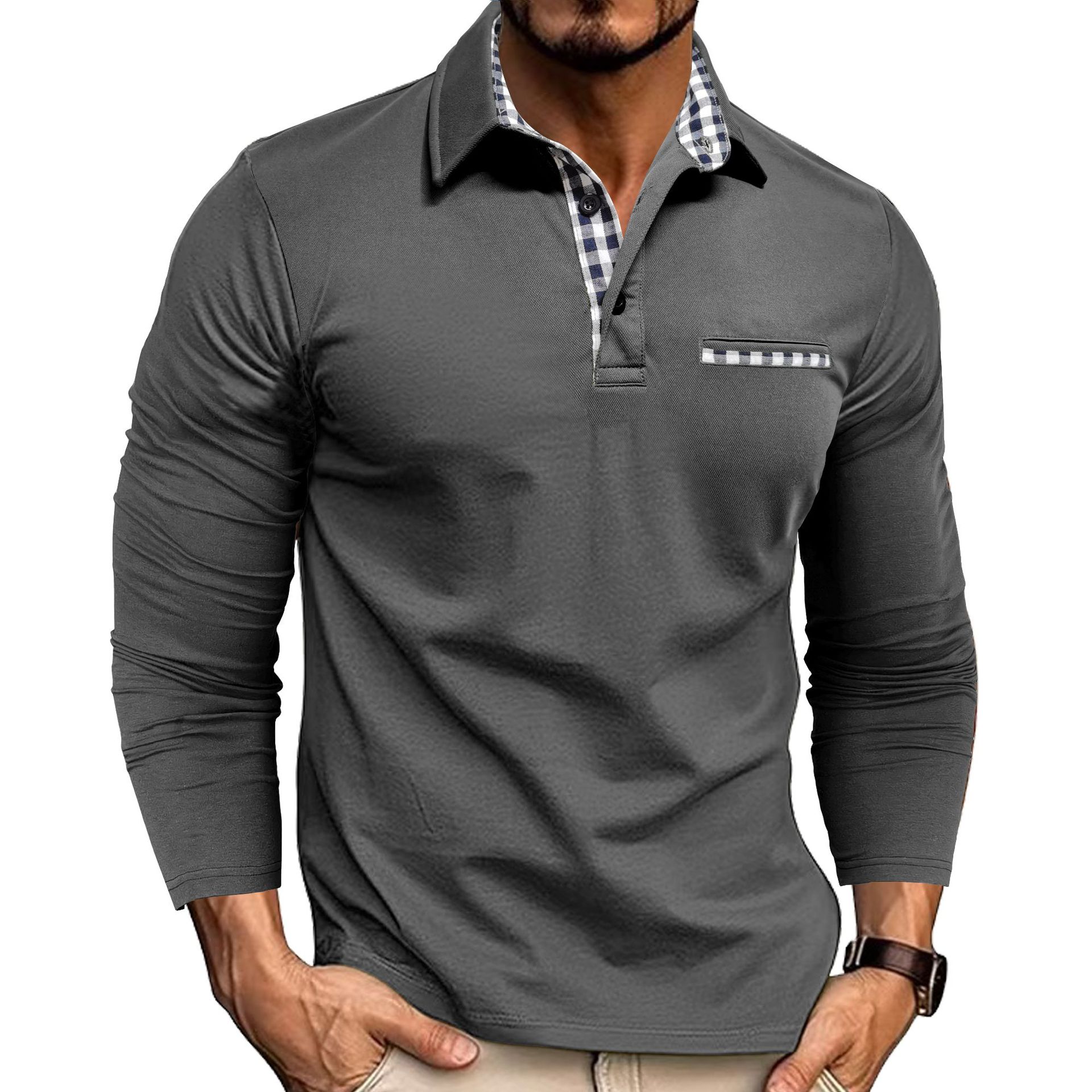 Men’s Plaid Splicing Polo Shirt – Casual Long Sleeve Lapel Top