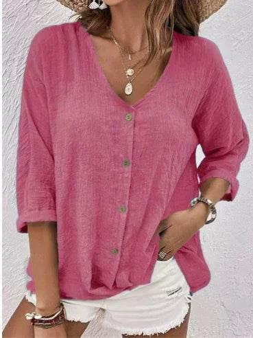 Casual V-Neck Button Top – Loose Fit for Women - ZA-Zola