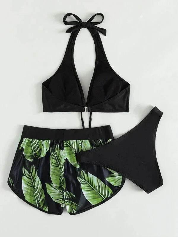 3pcs Leaf Print Bikini with Shorts - Stylish Summer Swimwear - ZA-Zola