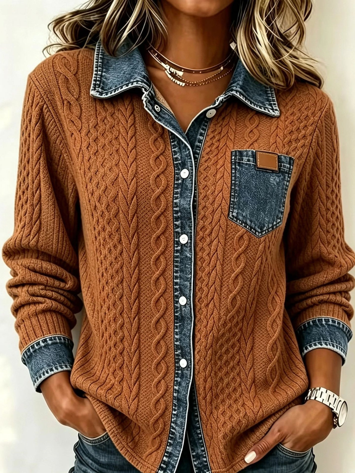 A woman wearing a brown cable-knit button-up shirt jacket with a denim collar, placket, cuffs, and chest pocket, paired with layered necklaces and a watch.