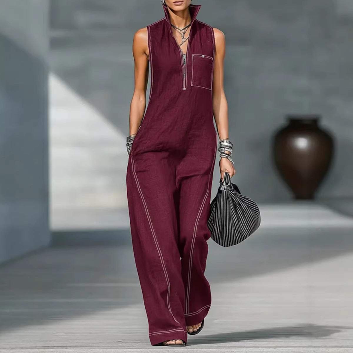 Stand-Up Collar Jumpsuit With Pockets – Casual Sleeveless Wide Leg Summer Women Outfit