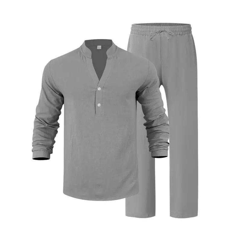 Gray long-sleeve shirt and pants set on a white background
