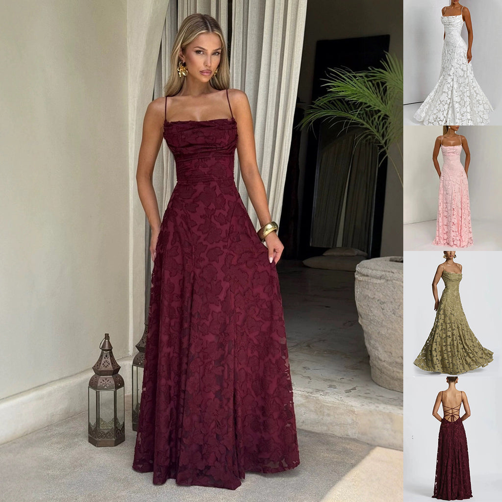 Woman wearing a burgundy lace evening gown in an indoor setting with additional images of similar dresses on the right.