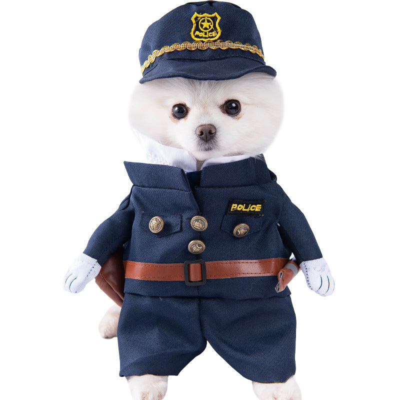 Dog wearing a police costume with a hat, coat, and pants on a white background