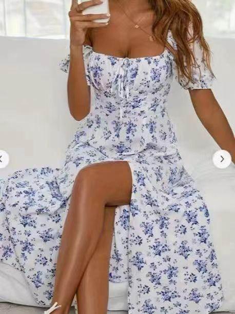 Floral Split Maxi Dress with Lace-Up Waist - ZA-Zola