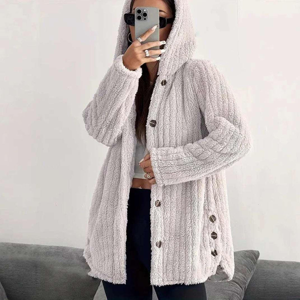 Women’s Hooded Plush Coat – Loose Long Sleeve Jacket - ZA-Zola