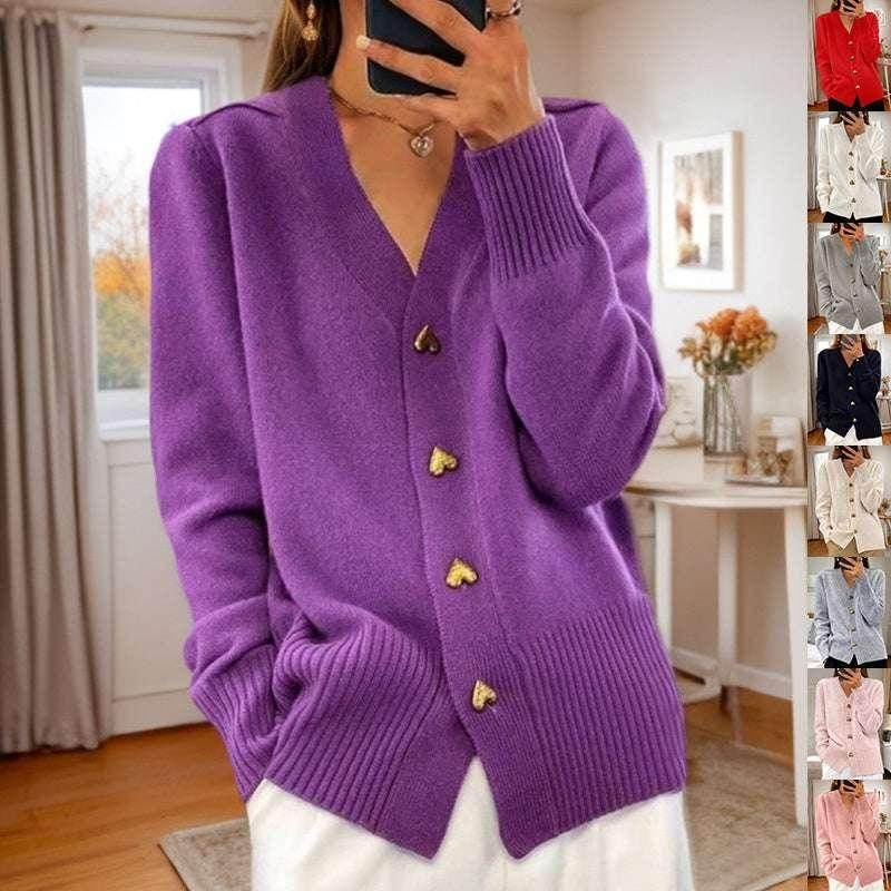 V-Neck Love Button Knit Cardigan for Women - ZA-Zola