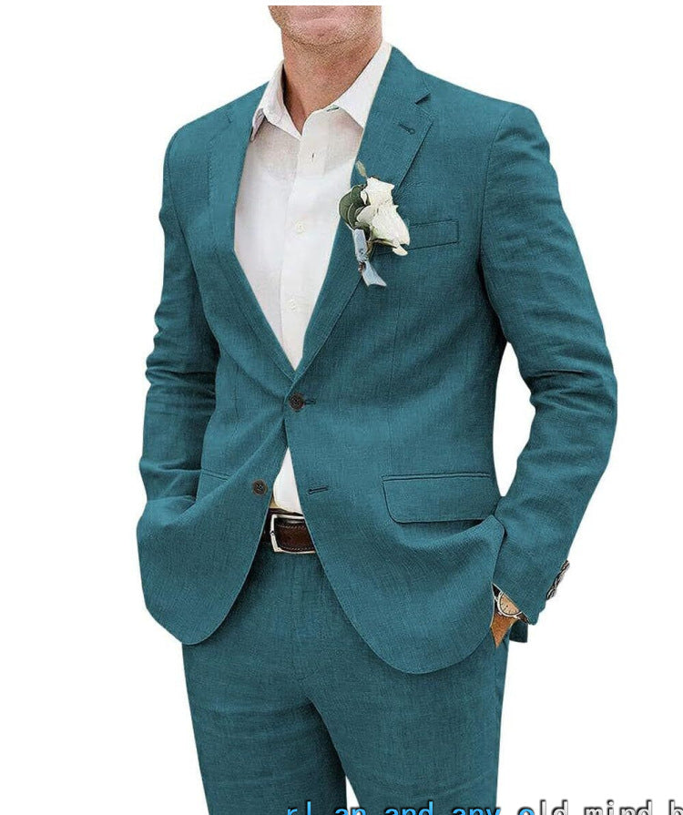 Teal suit jacket with white shirt and flower boutonniere on a white background