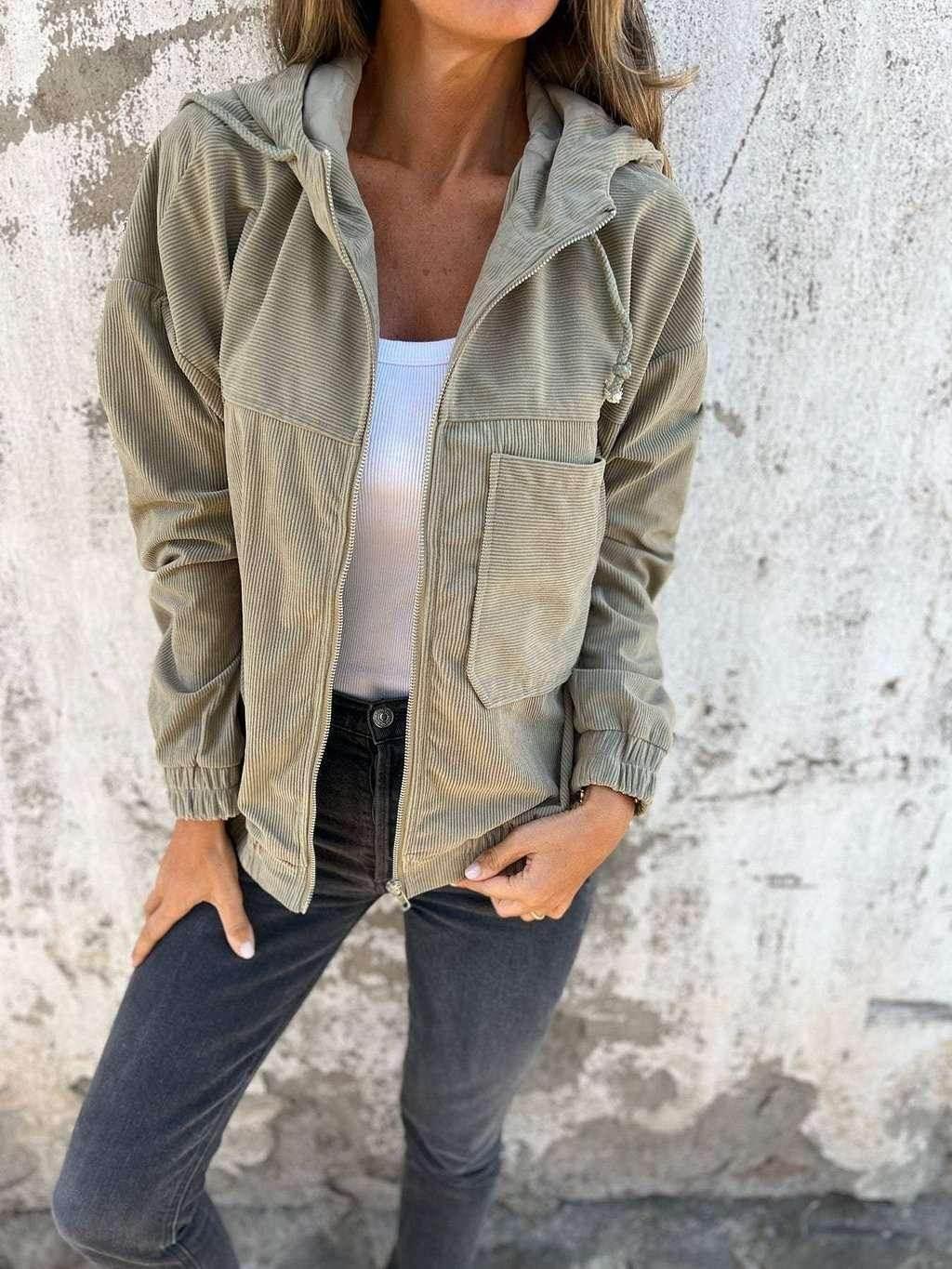 Women's Corduroy Hooded Zip-Up Jacket - ZA-Zola