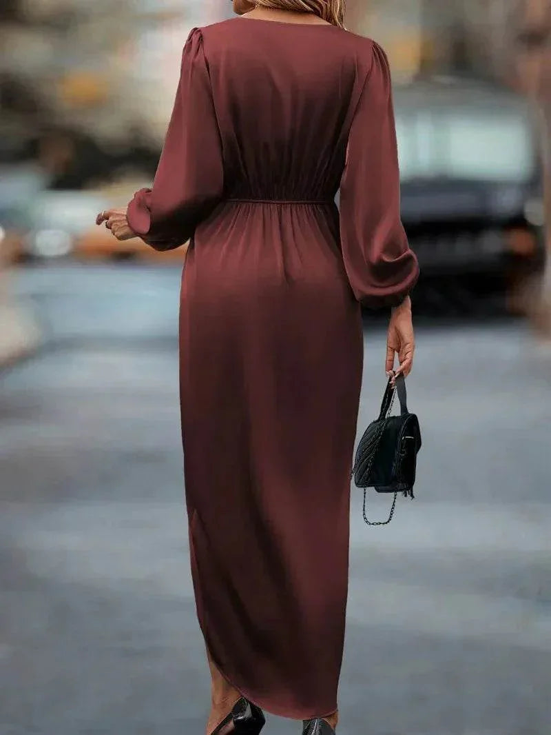 Elegant V-Neck Waist-Tight Long Split Dress - ZA-Zola