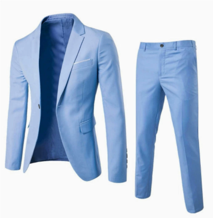A men's two-piece suit in light blue, featuring a blazer with a visible dark blue inner lining and matching slim-fit trousers, displayed on a plain white background.