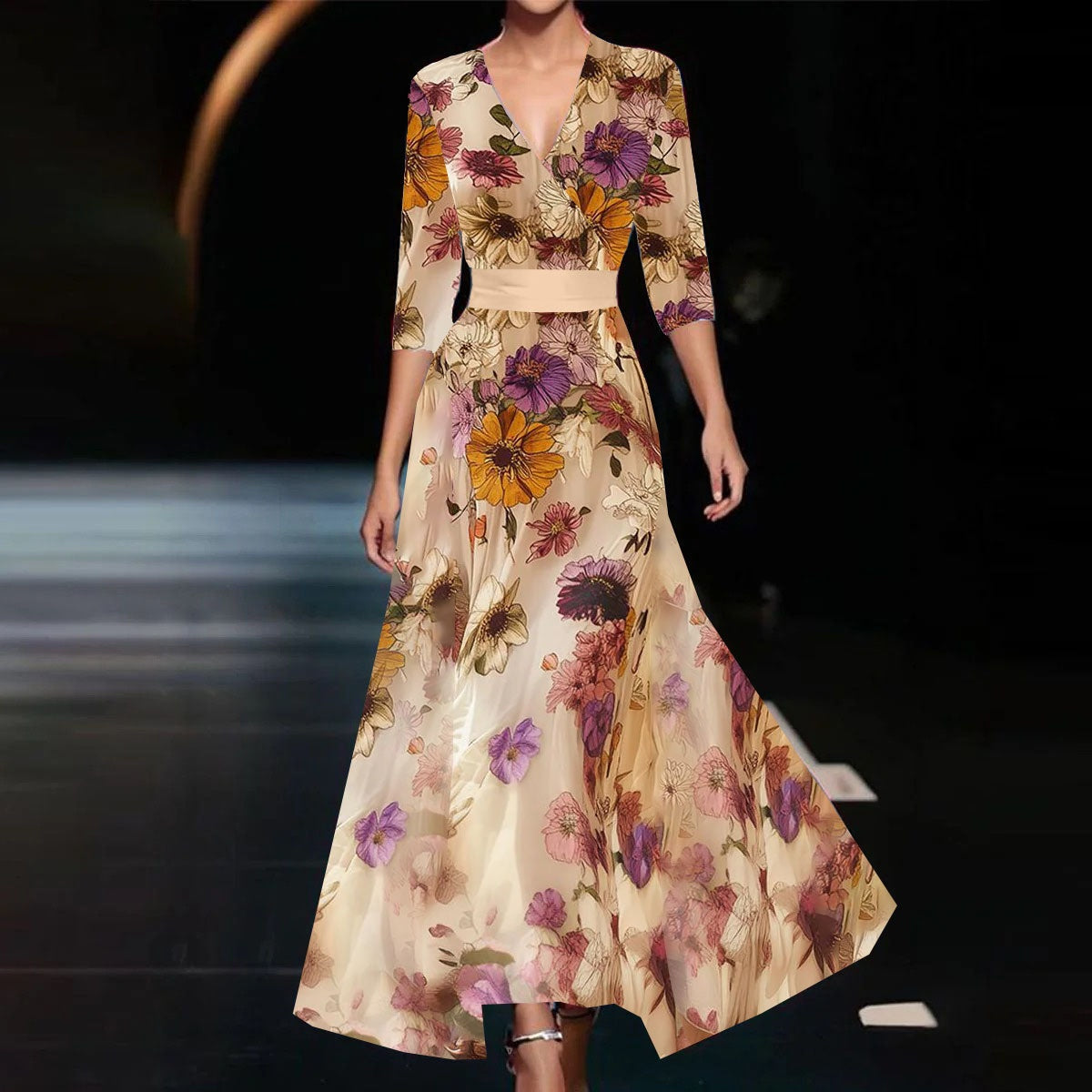 Woman wearing a floral dress on a runway with a blurred background