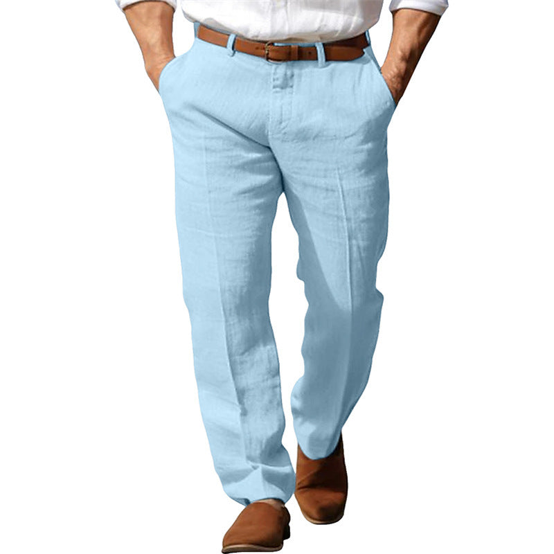 Light blue pants worn by a person on a white background