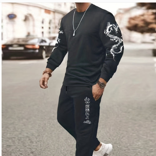 Person wearing a black tracksuit with white patterns on a blurred street background