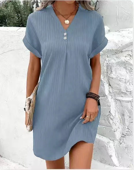 Women's V-Neck Button Strip Short Sleeve Casual Dress