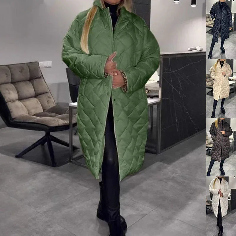 Women Rhombus Stitching Coat – Warm Long Jacket with Lapel & Pockets - ZA-Zola