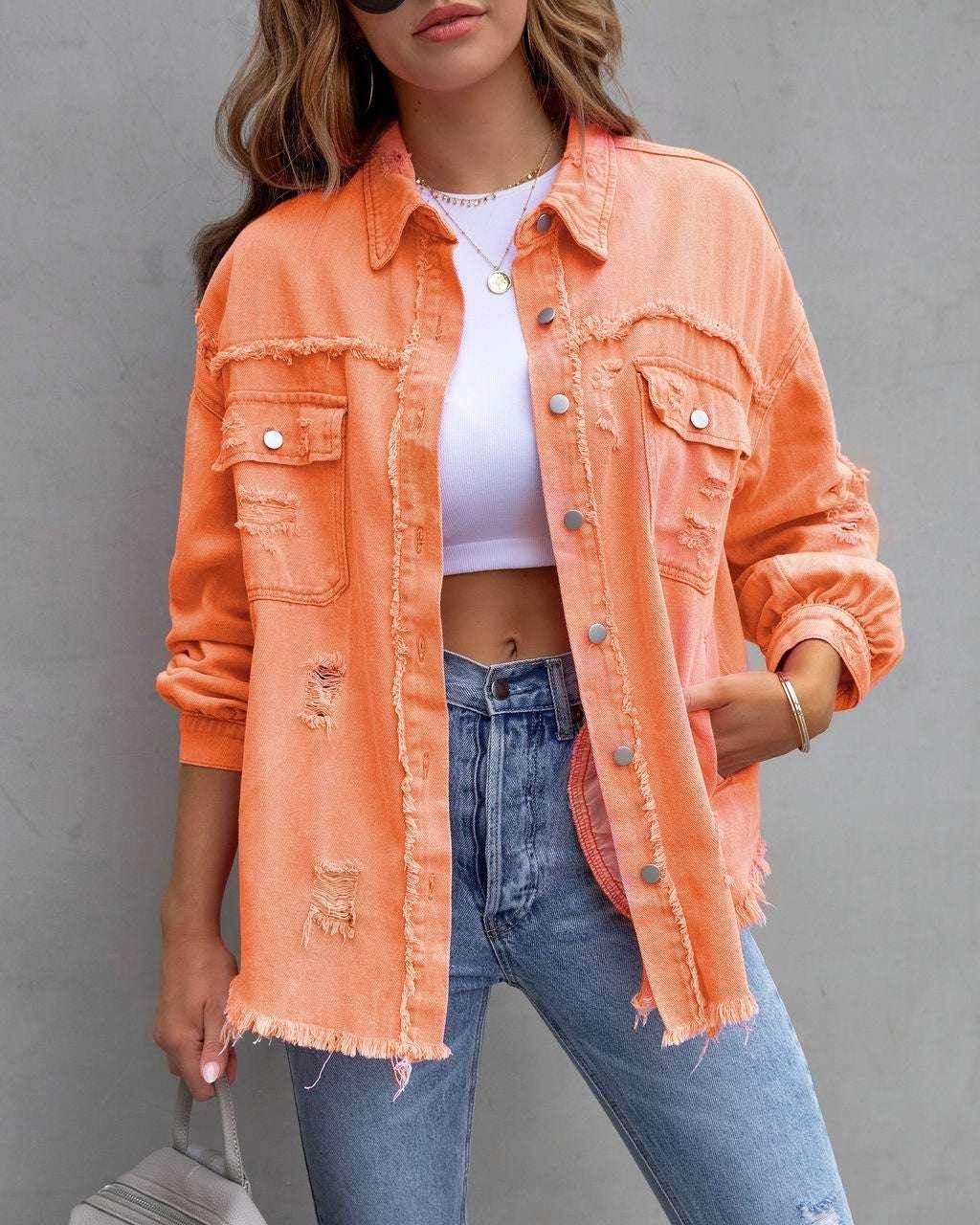 Women’s Ripped Shirt Jacket – Casual Mid-Length - ZA-Zola