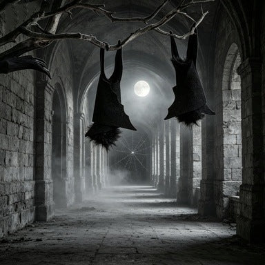 A dark gothic stone corridor with arched columns, two black hanging cloaked figures suspended from branches overhead, and a bright full moon in the distance.