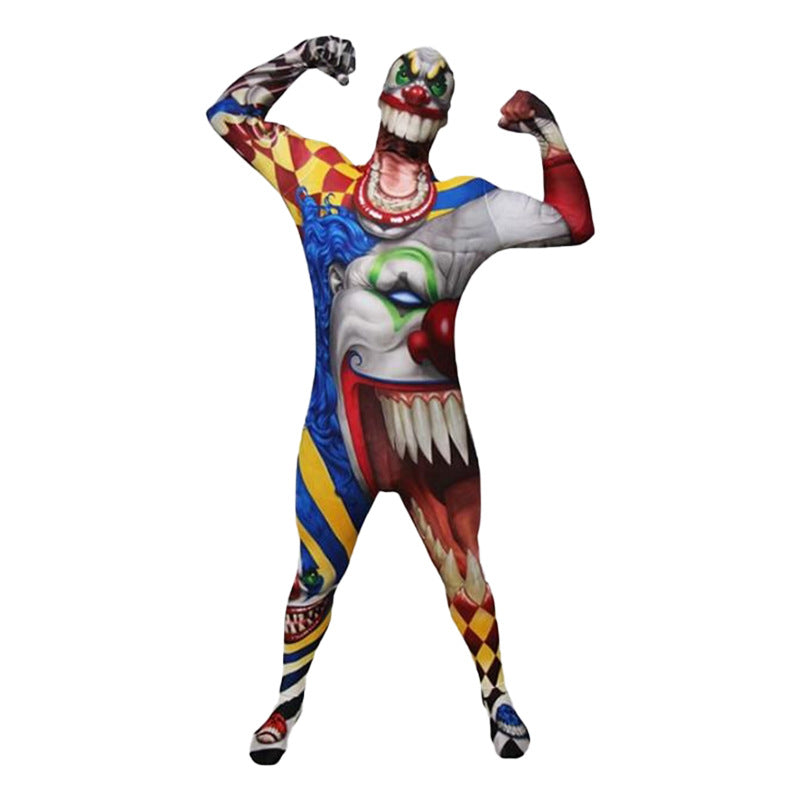 A person modeling a full-body clown costume with a printed horror clown face design, posed against a plain white background.