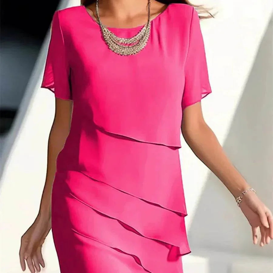 Chiffon Patchwork Round Neck Short Sleeve Dress - ZA-Zola