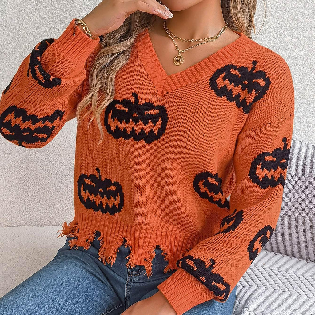 ZA-Zola Halloween Pumpkin Cut Long Sleeve Sweater - ZA-Zola