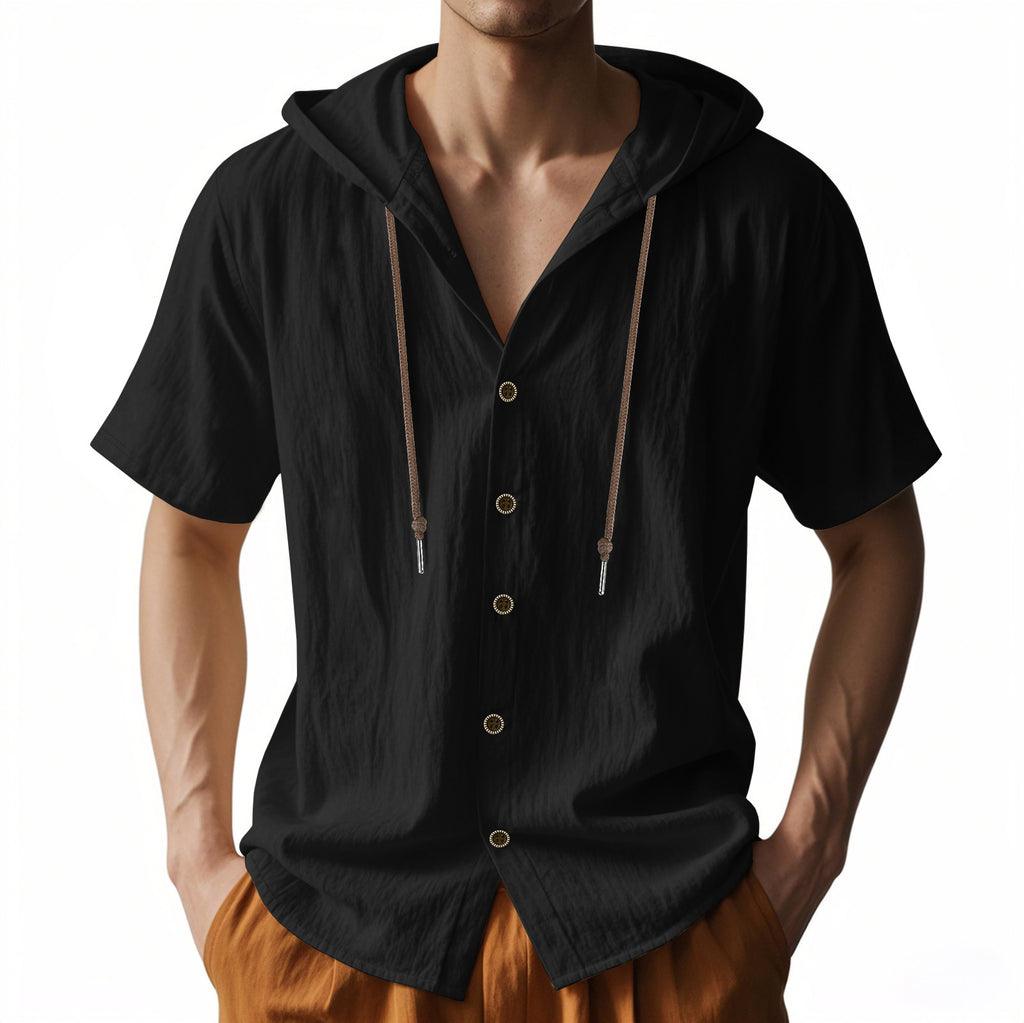 Black short-sleeve hooded shirt with buttons on a white background