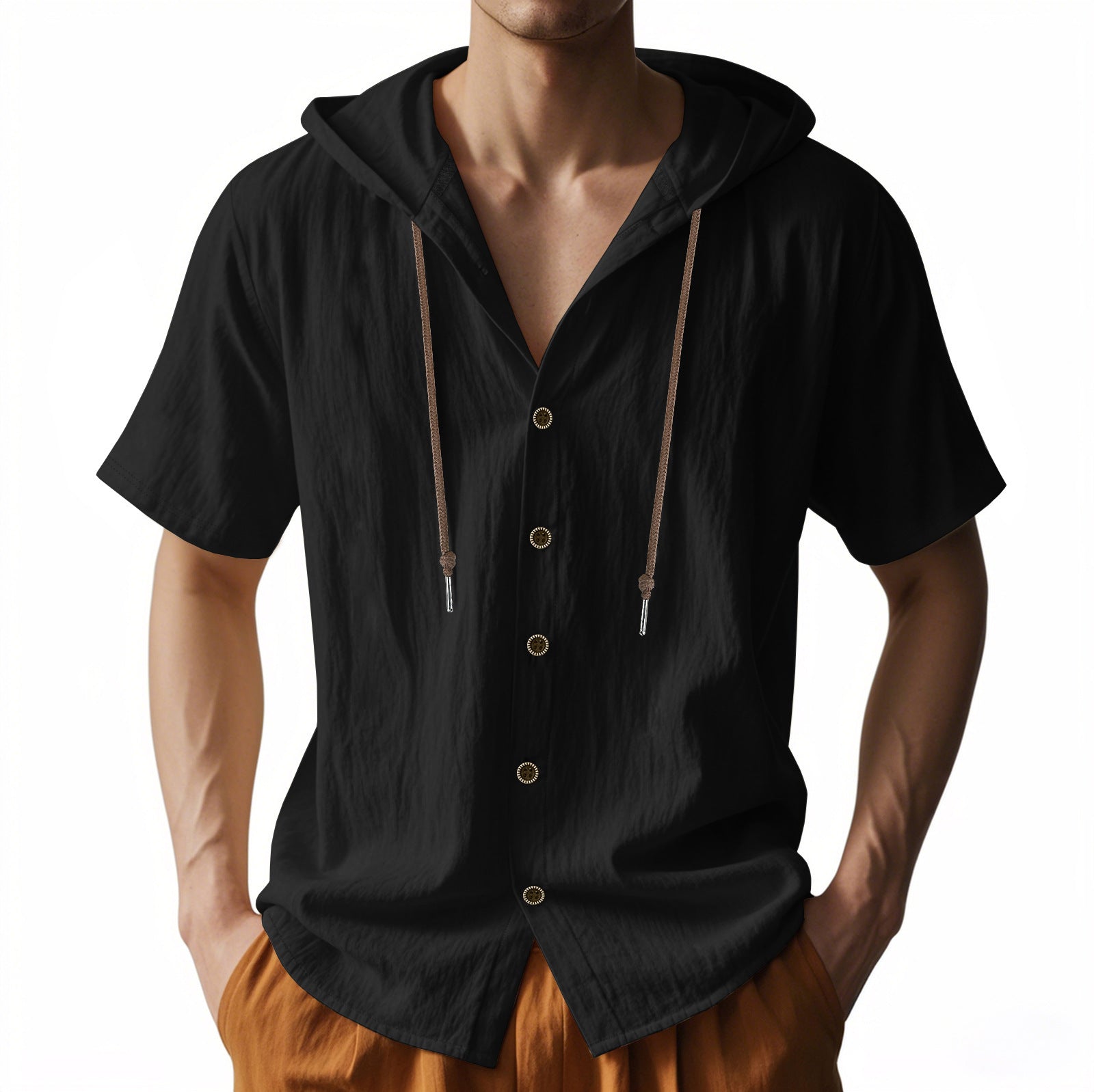 Black short-sleeve hooded shirt with buttons on a white background