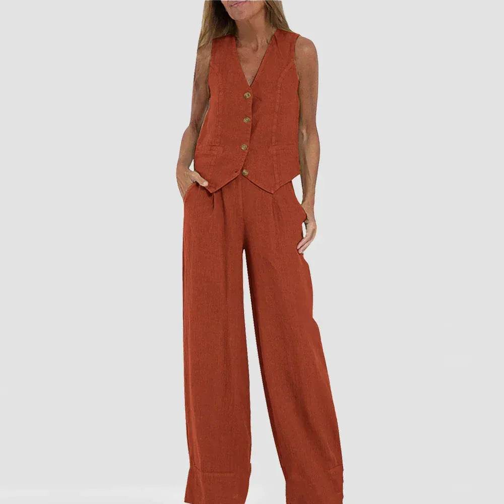 Woman wearing rust sleeveless vest and wide-leg pants from ZA-Zola, trendy UK fashion