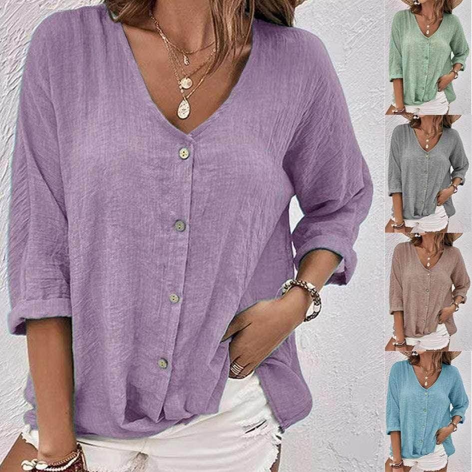 Casual V-Neck Button Top – Loose Fit for Women - ZA-Zola