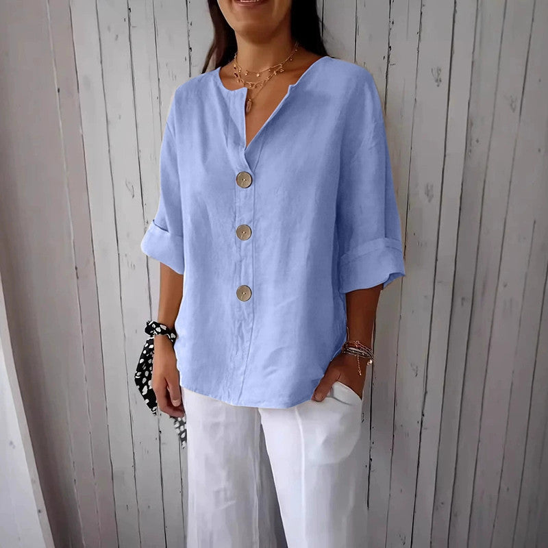 Loose Comfort V-Neck Cotton Linen Button Top