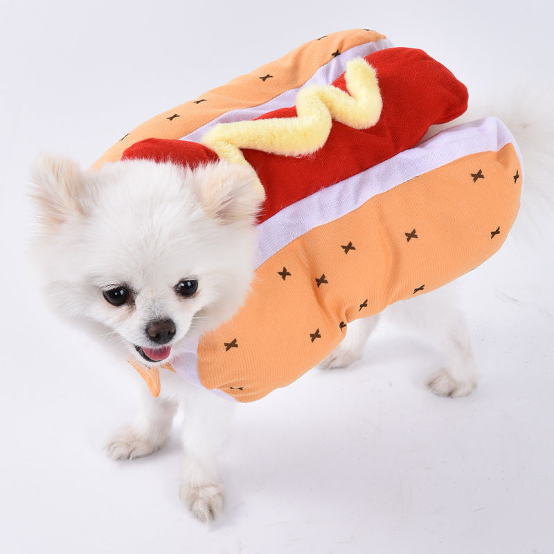 Small white dog wearing a hot dog costume on a light gray background