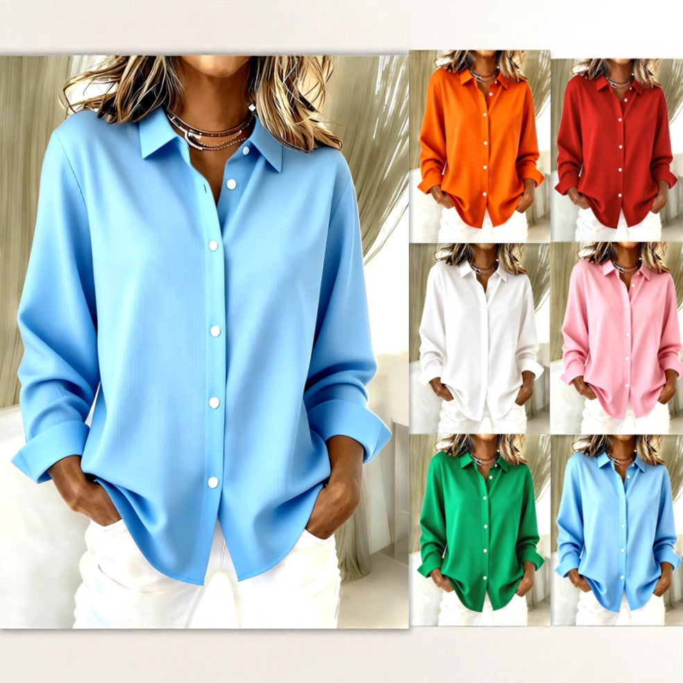Collage of a woman wearing a blue shirt with additional shirts in various colors displayed.