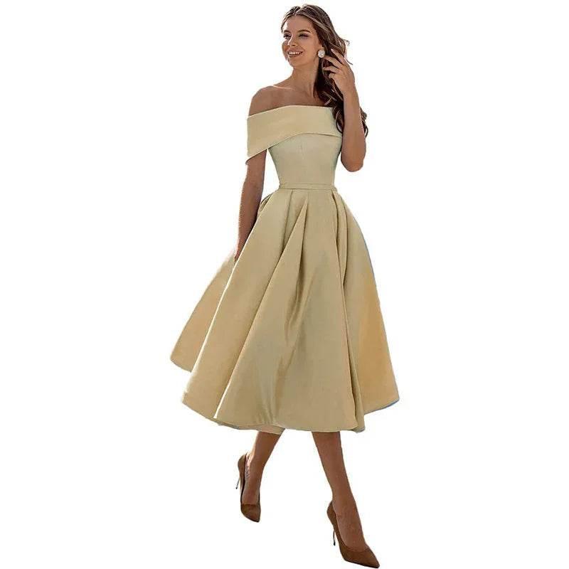 Off-Shoulder Satin Tea-Length Party Dress - ZA-Zola
