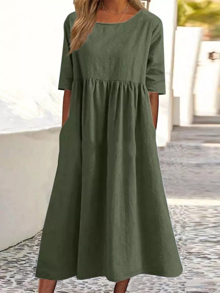 Women’s Casual Cotton Linen Short Sleeve Pocket Dress