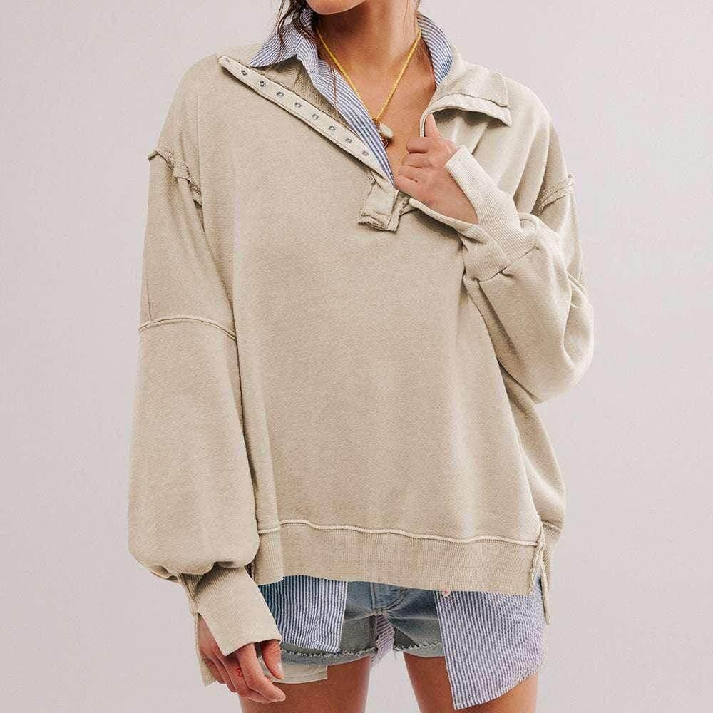 Lapel Button Slit Sweatshirt – Sporty & Stylish - ZA-Zola