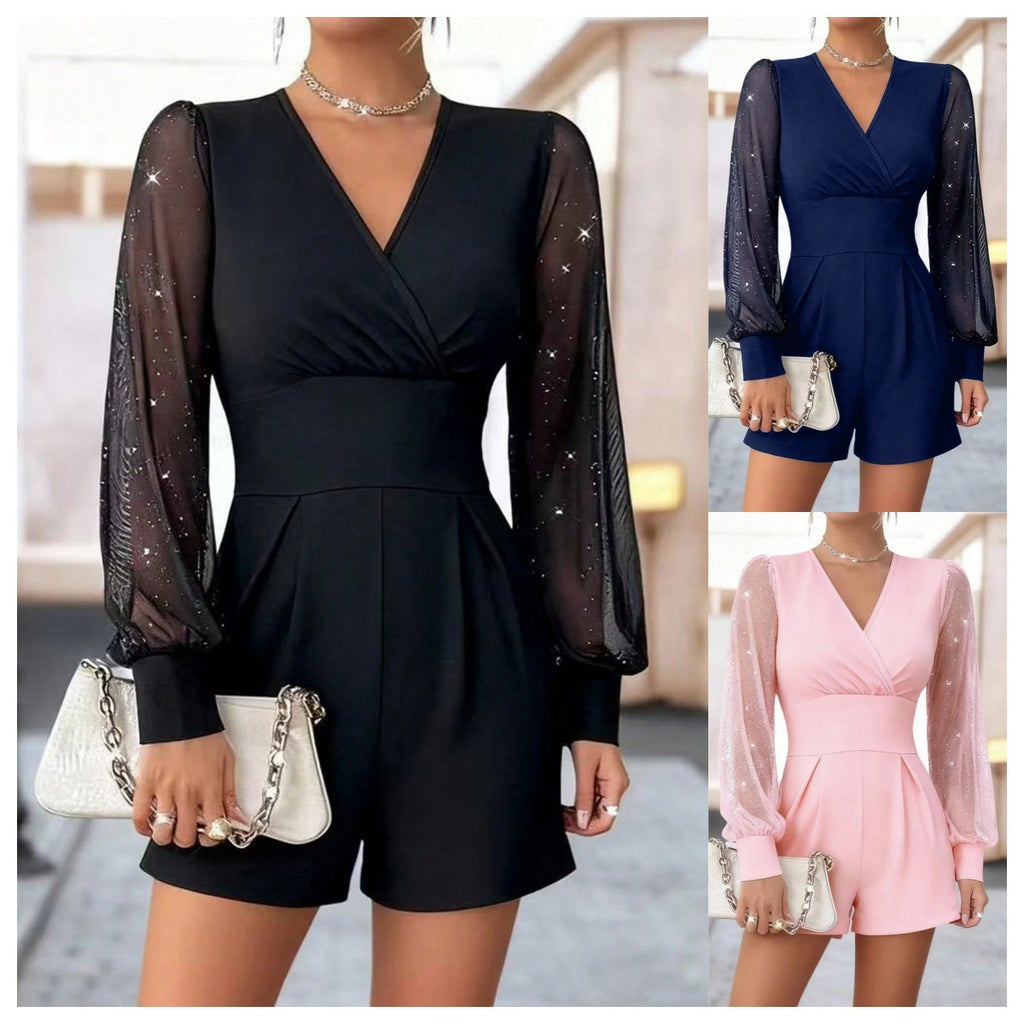 Black, blue, and pink rompers with sheer sleeves displayed side by side.