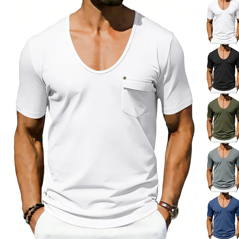 White V-neck t-shirt worn by a person with color options displayed below.
