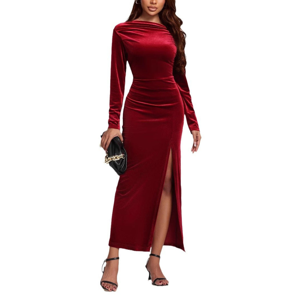 Women’s Formal Dress | Red Velvet Slit Long Sleeve Maxi Dress