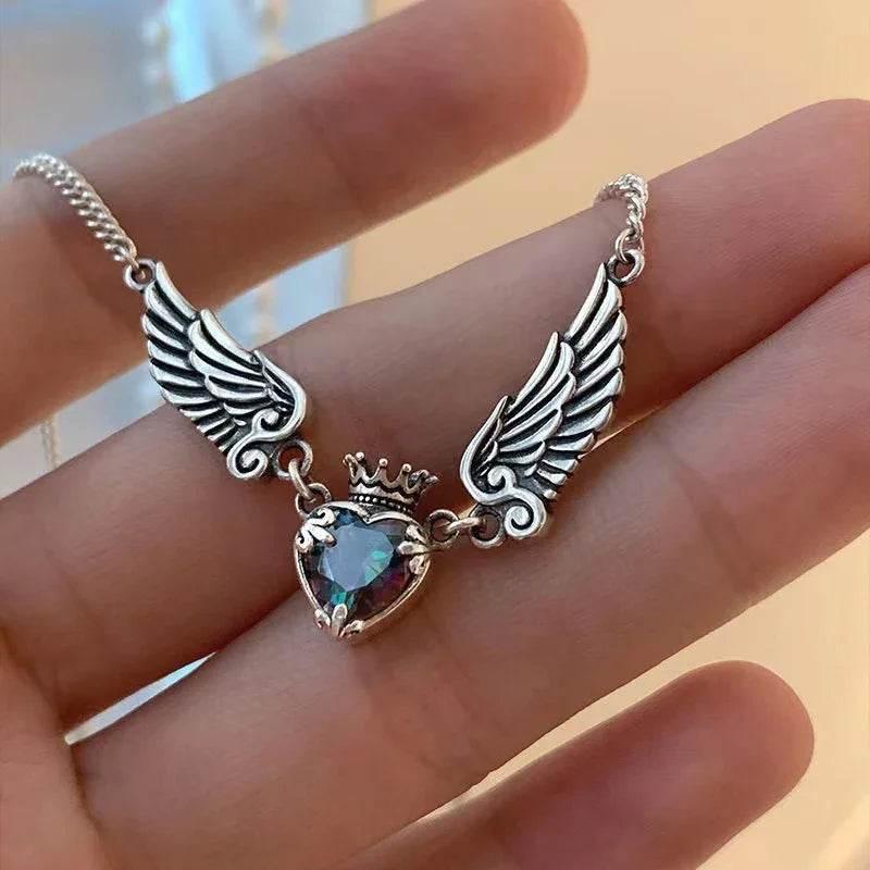 Vintage Gothic Heart Crown Necklace for Women – Angel Wings - ZA-Zola