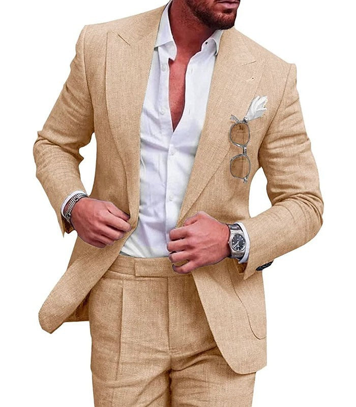Man wearing a beige suit with a white shirt on a white background