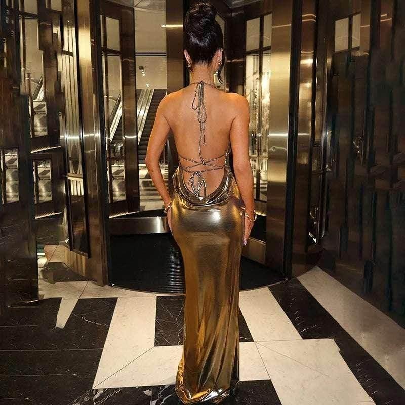 Glossy Metallic Halter Dress – Bold & Backless - ZA-Zola