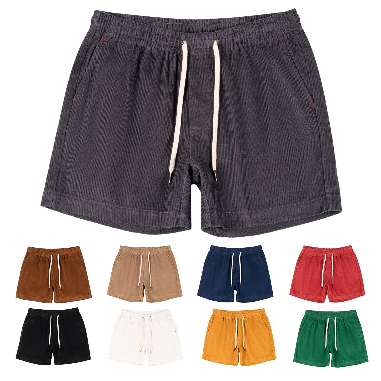 Dark gray shorts with drawstring on a white background, surrounded by smaller shorts in various colors.