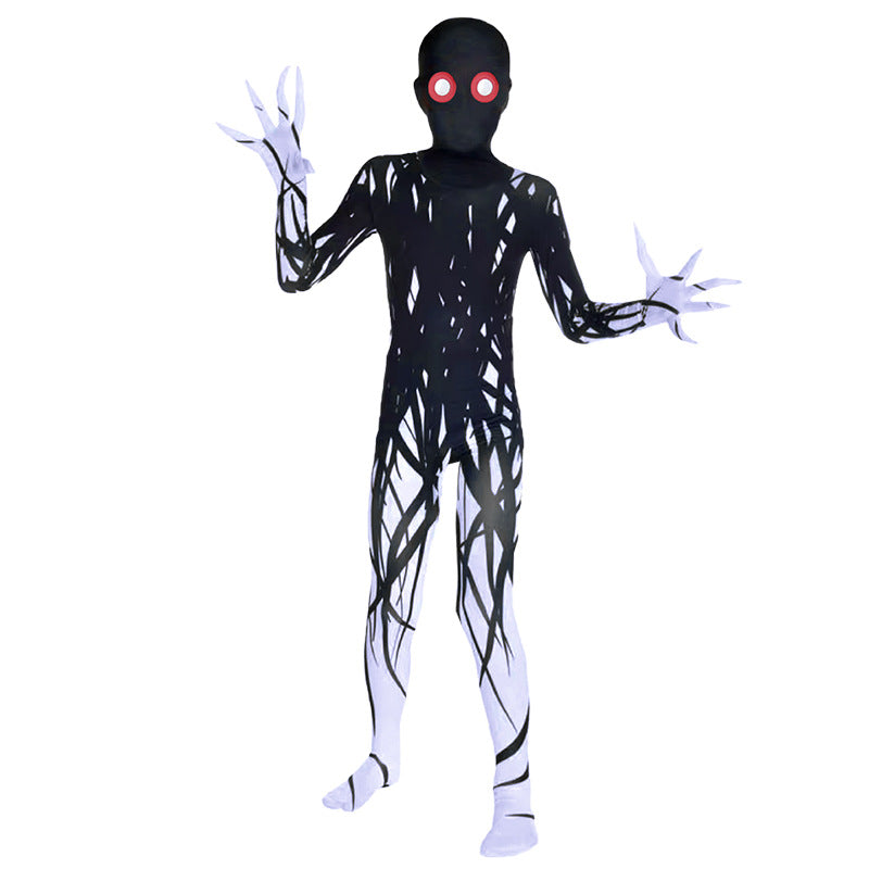 A child's full-body black and white zodiac-style costume with a black head mask featuring glowing red eyes and white clawed hands, shown against a plain white background.