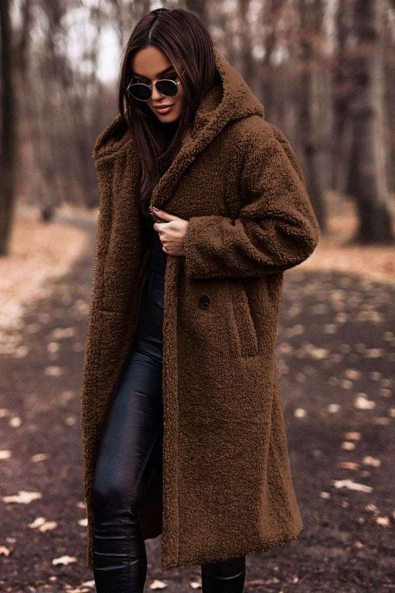 Women Teddy Coat Long Faux Fleece Hooded Winter - ZA-Zola