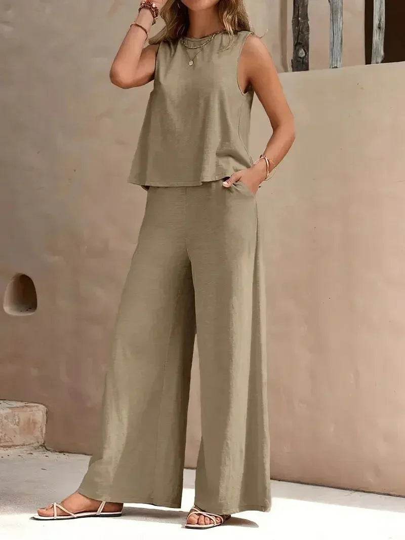 Woman in beige sleeveless wide-leg lounge set, ZA-Zola chic summer fashion apparel