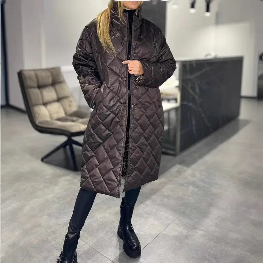 Women Rhombus Stitching Coat – Warm Long Jacket with Lapel & Pockets - ZA-Zola