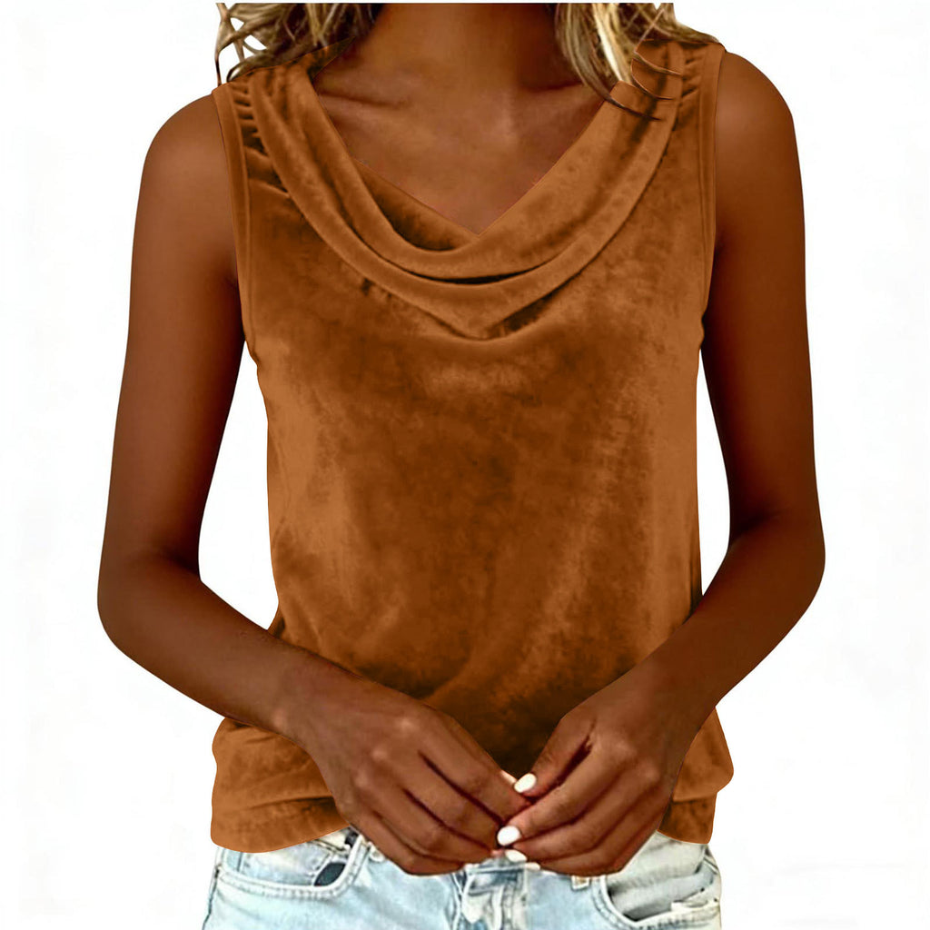 Brown sleeveless top worn by a person on a white background