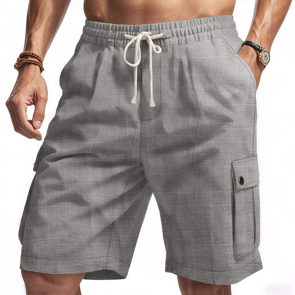 Gray shorts with a drawstring on a white background