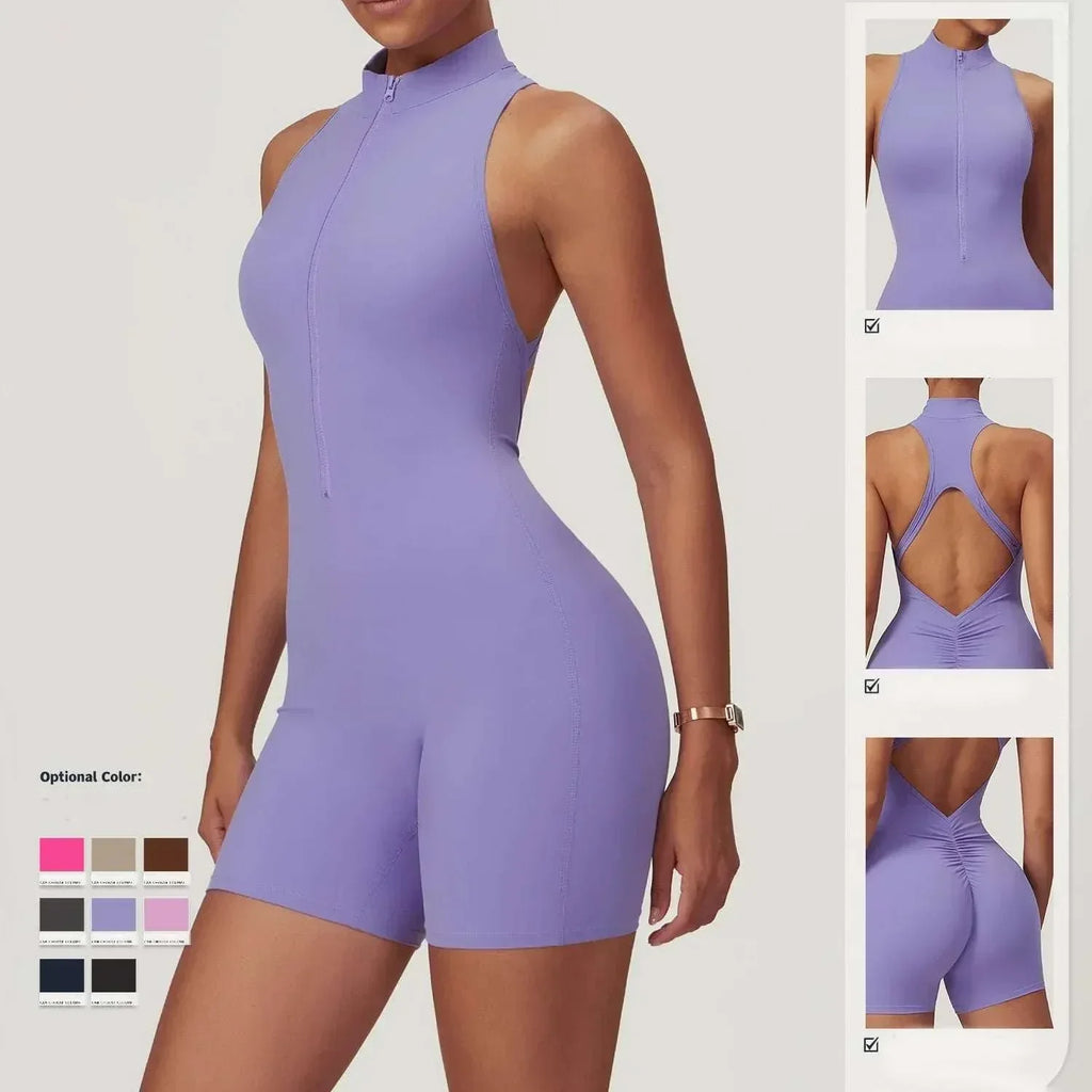 Zipper Yoga Jumpsuit – Summer Backless Fitness Bodysuit - ZA-Zola