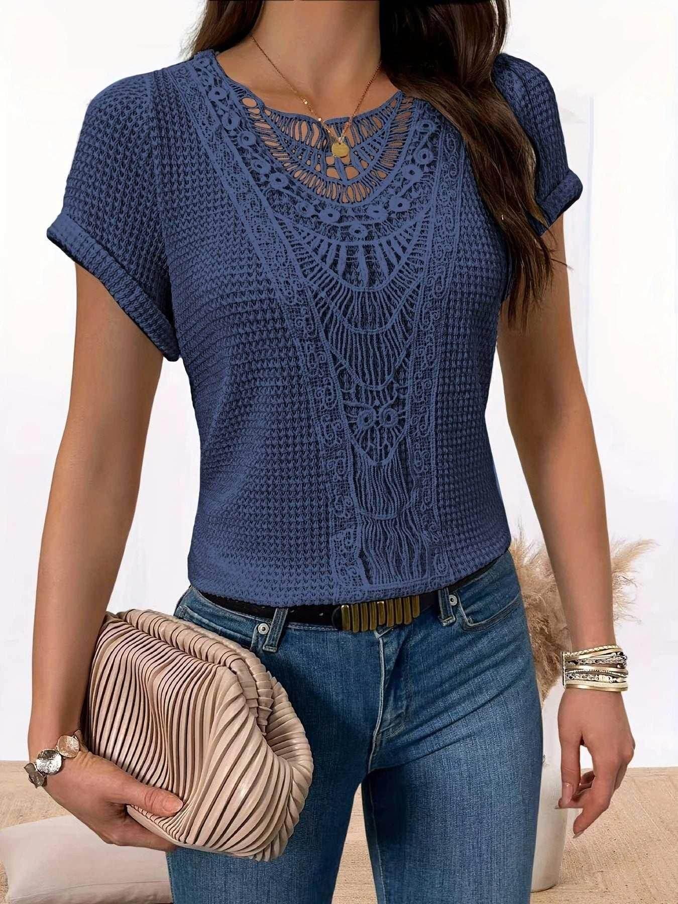 Hollow-Out Ethnic Style T-Shirt for Women - ZA-Zola